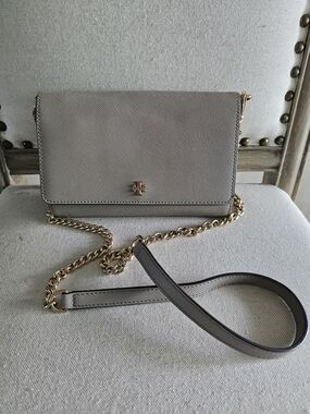 Tory Burch Light Gray Saffiano Crossbody with Gold Chain